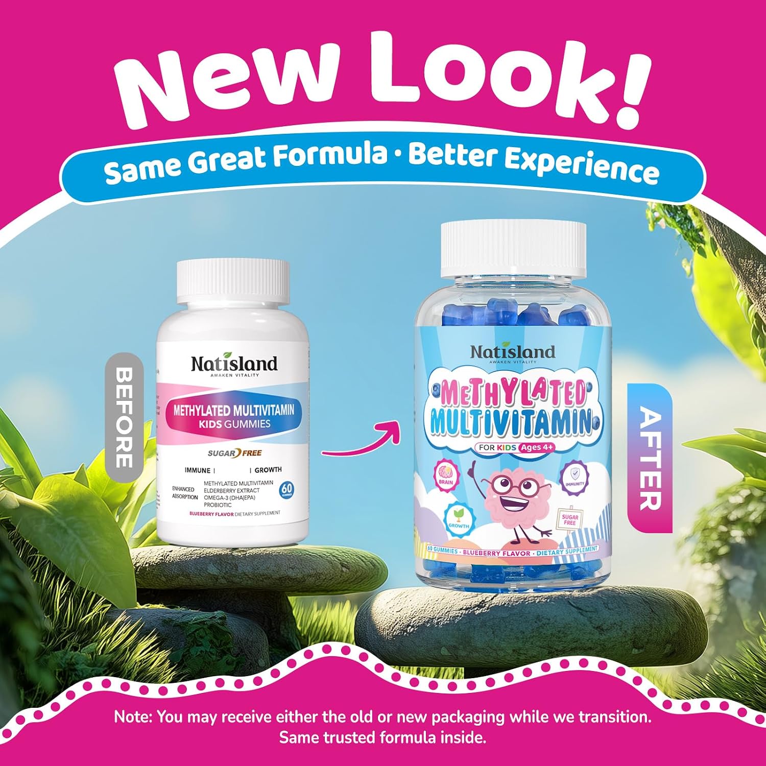 Multivitamínico Metilado para Niños 4+ - MTHFR, L-Metilfolato, B12, Omega-3 Vegano, Zinc, Probióticos - Sin Azúcar - NATISLAND