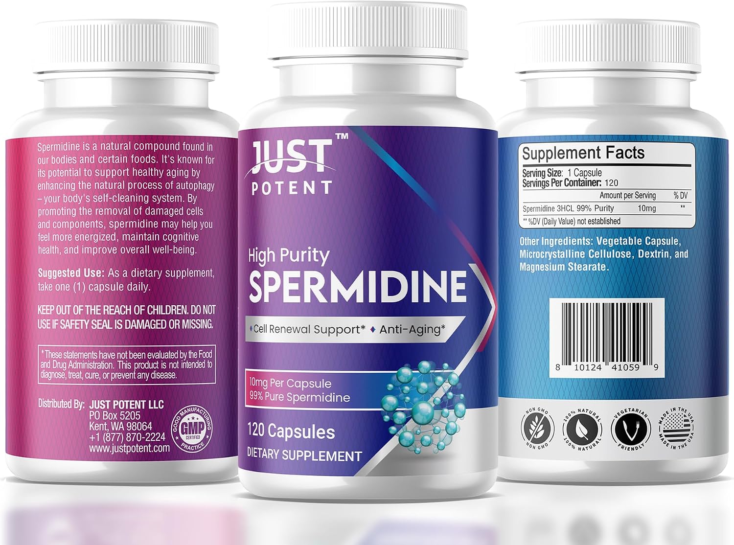 Just Potent Espermidina de Alta Pureza (99%) - 120 Cápsulas, 10 mg por Cápsula