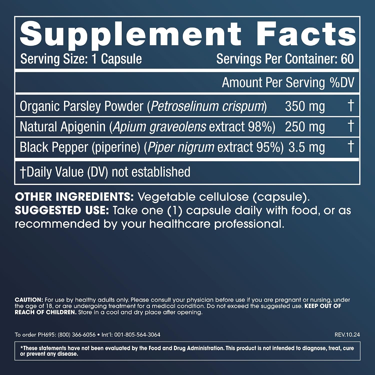 ProHealth Full Spectrum Apigenin Plus | 60 Cápsulas | Apigenina de Origen Vegetal con Perejil y BioPerine® para el Apoyo de NAD+, Sueño y Envejecimiento Saludable | Fabricado en EE. UU., Analizado en Laboratorio