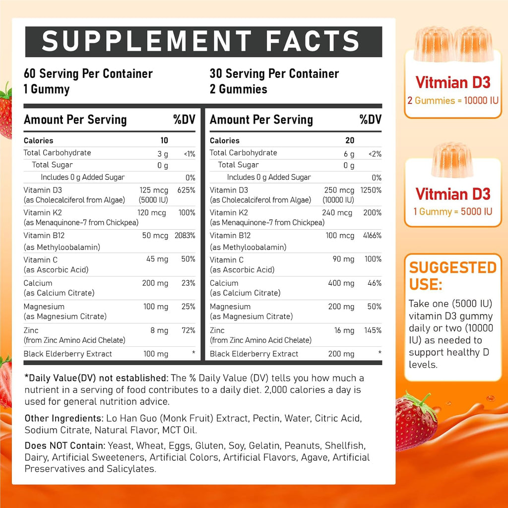 Suplemento de Vitamina D3 10000IU para Adultos - Gominolas de Vitamina D3 5000IU / 10000IU con K2, Metil B12, Calcio, Magnesio, Zinc y Saúco para Mujeres y Hombres - Sin Azúcar, Vegano