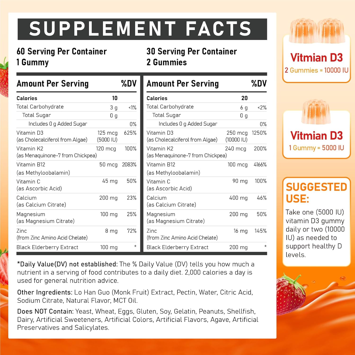 Suplemento de Vitamina D3 10000IU para Adultos - Gominolas de Vitamina D3 5000IU / 10000IU con K2, Metil B12, Calcio, Magnesio, Zinc y Saúco para Mujeres y Hombres - Sin Azúcar, Vegano