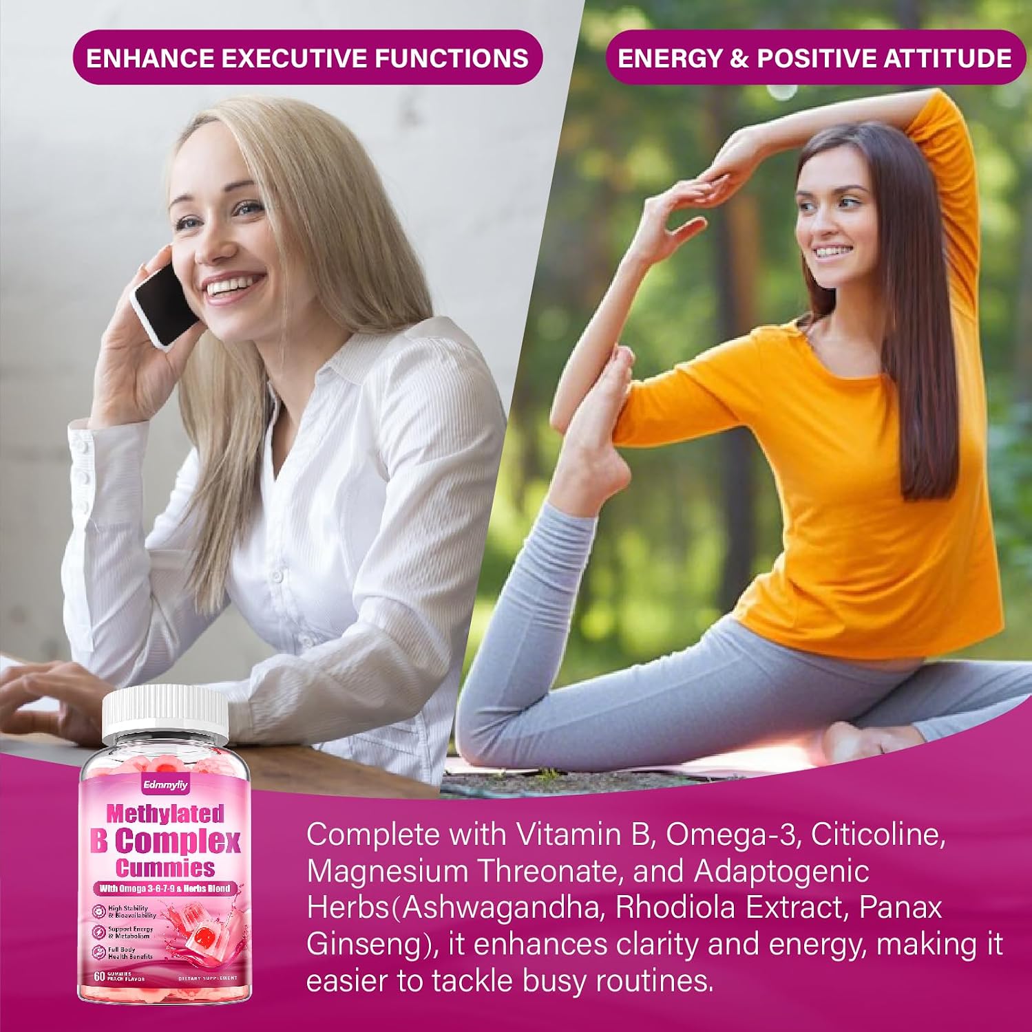 Edmmyliy Complejo B Metilado para Mujeres - Gomitas con Vitaminas B1, B2, B6, B12, Folato, Vitamina C, Magnesio y Omega 3