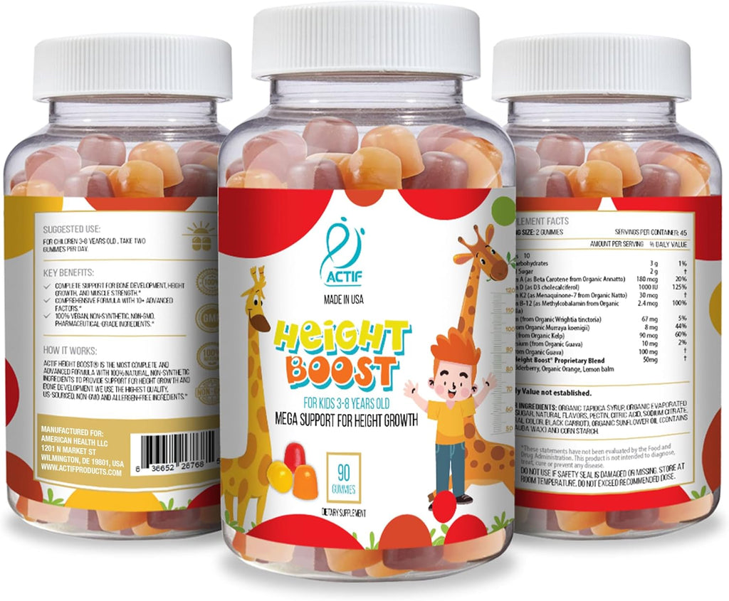 Actif Height Boost Mega Support para Niños de 3 a 8 Años, Fórmula de Crecimiento con 10+ Factores, 60 Gominolas, Sabor Fresa