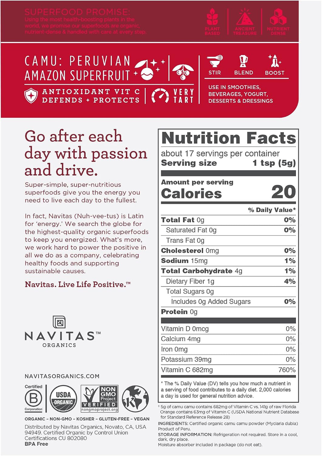 Navitas Organics Camu Camu en Polvo, 85g (3 oz) - Orgánico, Sin Gluten, Vegano