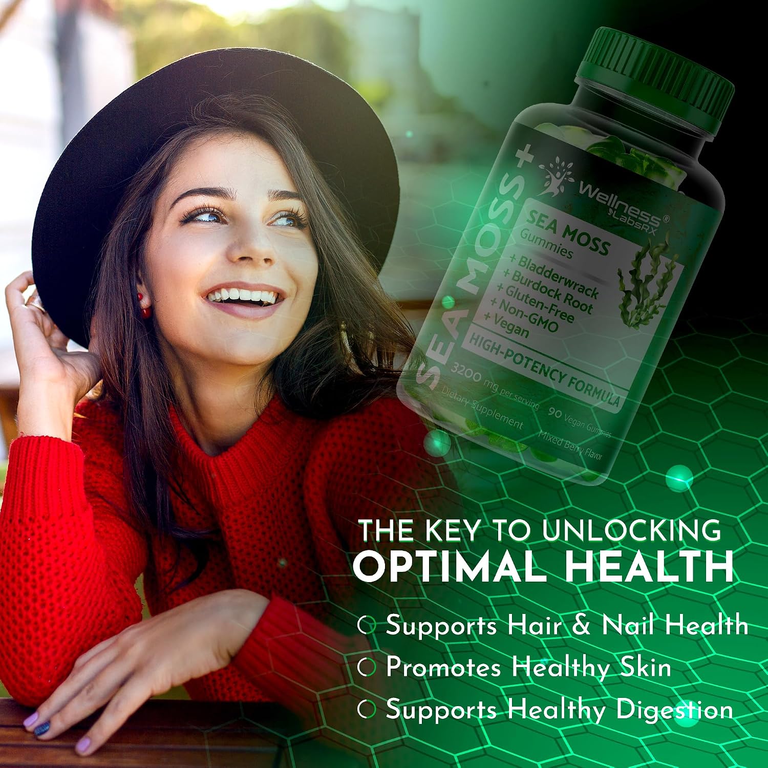 WELLNESS LABSRX Gominolas de Musgo Marino, 3200mg Irish Sea Moss Sabor a Baya Mixta con Bladderwrack y Raíz de Bardana - Apoyo para la Piel, Energía e Inmunidad - 90 Unidades