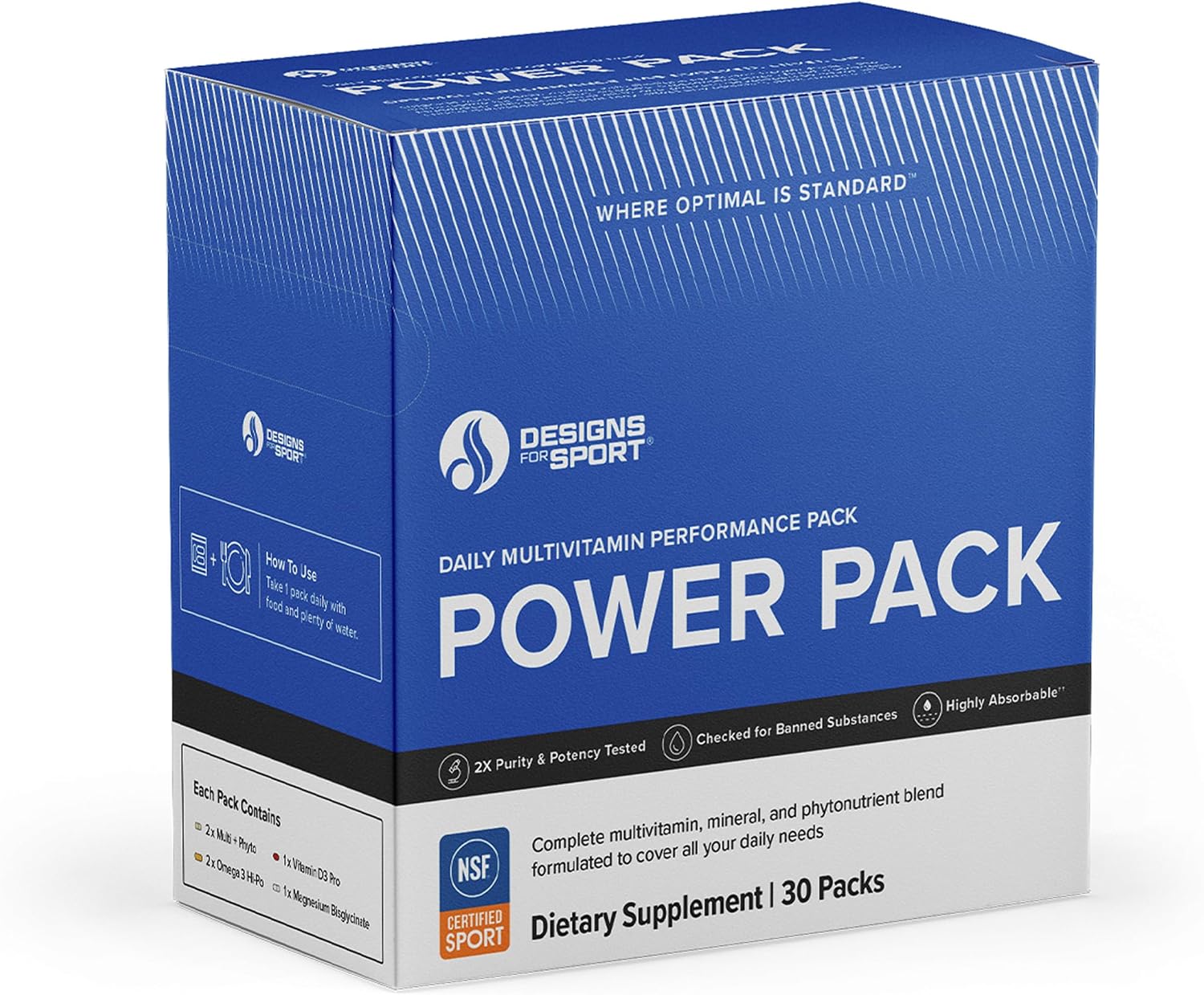 Designs for Sport Vitamin Packs - Pack de vitaminas diario con multivitamínico, omega-3, magnesio y vitamina D3+K - 30 sobres