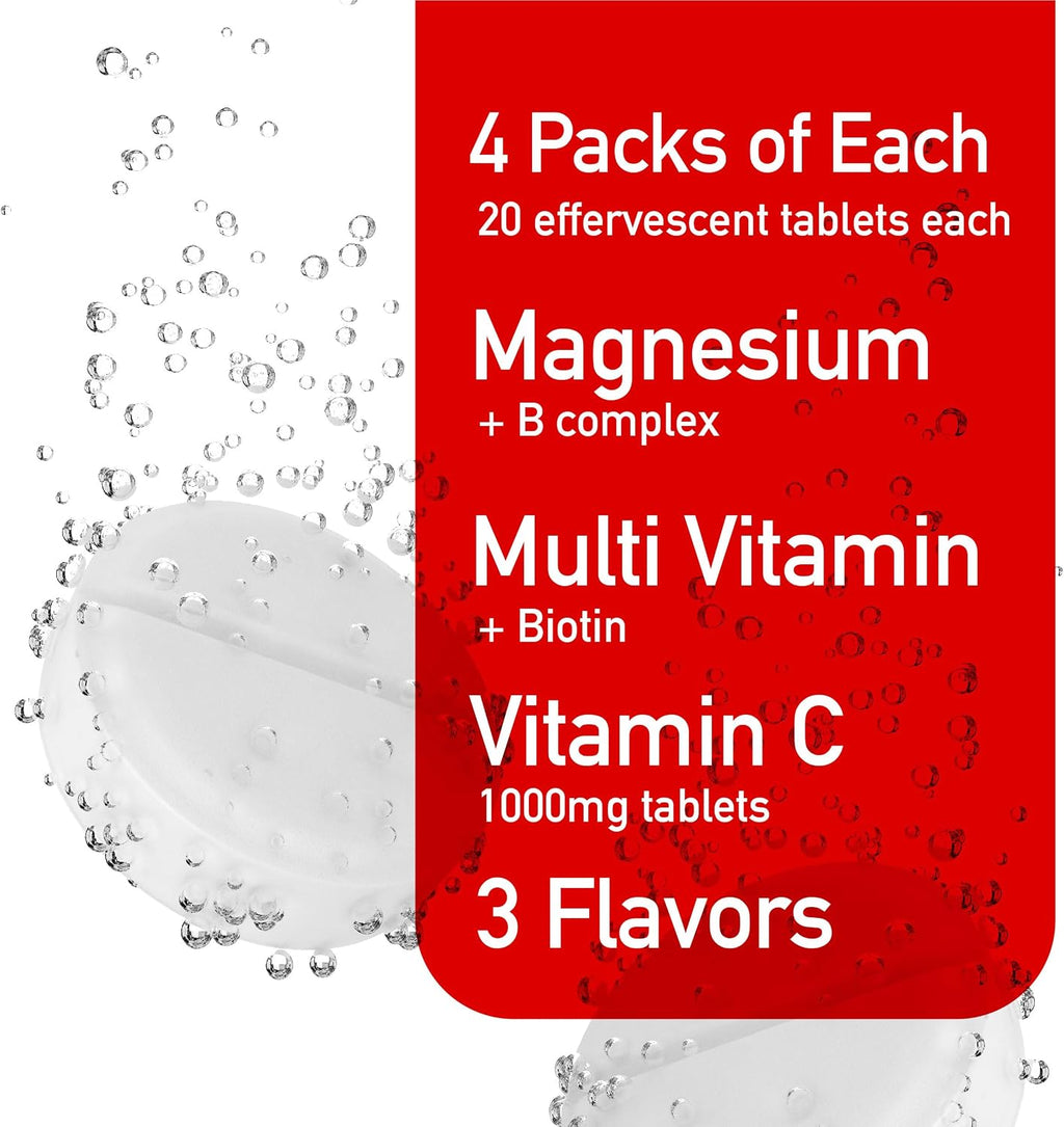 Pack Variado Efervescente con Vitamina C 1000mg, Magnesio + Complejo B, Multivitamínico + Biotina - 12 Tubos, 240 Comprimidos