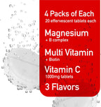 Pack Variado Efervescente con Vitamina C 1000mg, Magnesio + Complejo B, Multivitamínico + Biotina - 12 Tubos, 240 Comprimidos