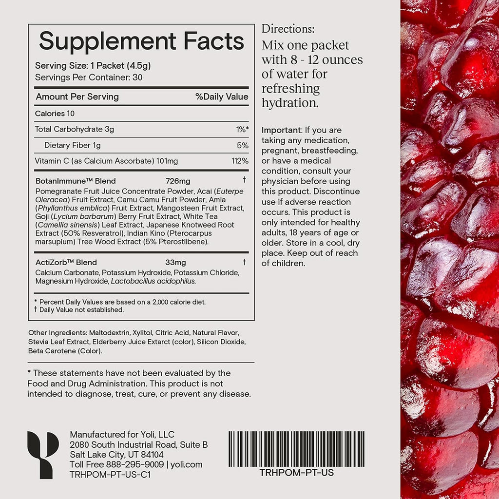 Yoli Truth Antioxidante y Apoyo Inmunitario con Vitamina C, Botánicos y Superfrutas - Sabor Granada, 30 Sobres