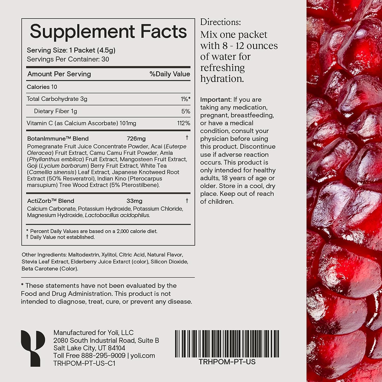 Yoli Truth Antioxidante y Apoyo Inmunitario con Vitamina C, Botánicos y Superfrutas - Sabor Granada, 30 Sobres