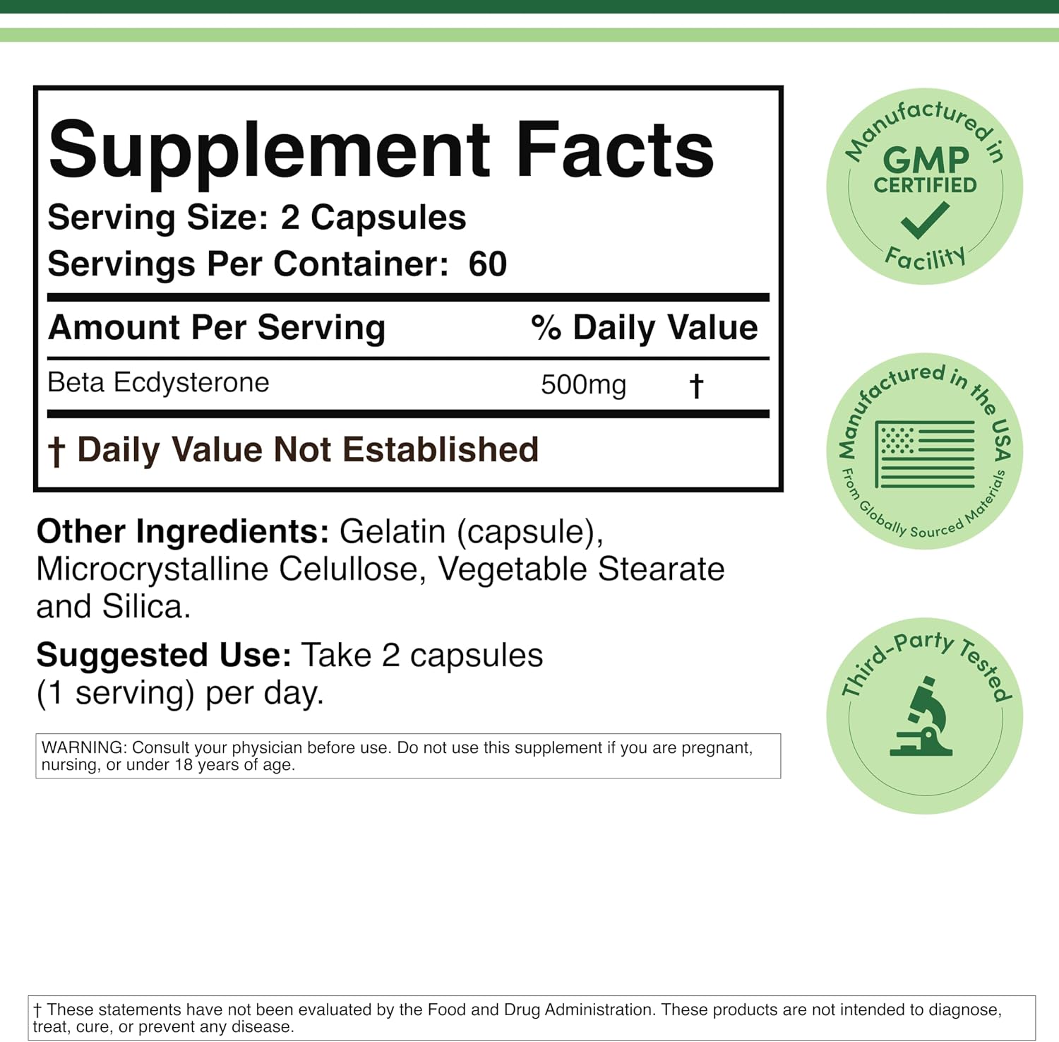 Beta Ecdysterona 500 mg por ración - 120 cápsulas - Suplemento vegetal para la salud masculina - Sin OGM y sin gluten - Double Wood