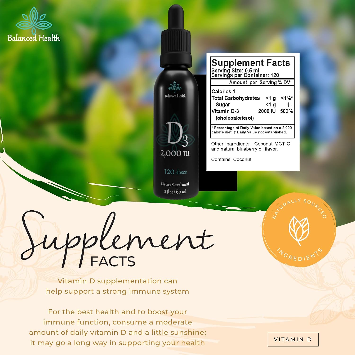 Balance Health D3 2000 UI, Gotas Líquidas de Vitamina D3 con MCT, Sabor Arándano, 59 ml (120 dosis)