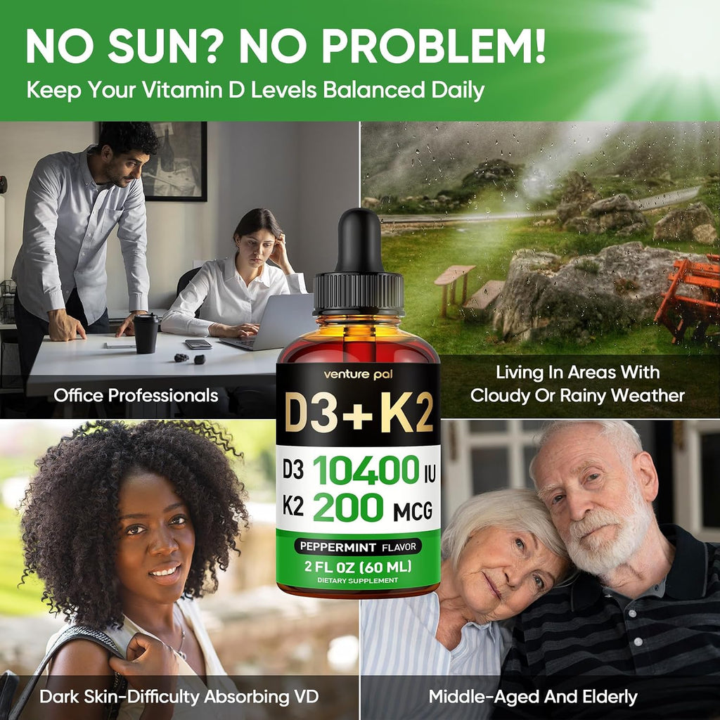 Venture Pal 5 en 1 Vitamina D3 K2 Gotas - 10000 UI D3 + 200 mcg K2 (MK-7) con Magnesio, Zinc y Aceite MCT - 60 ml
