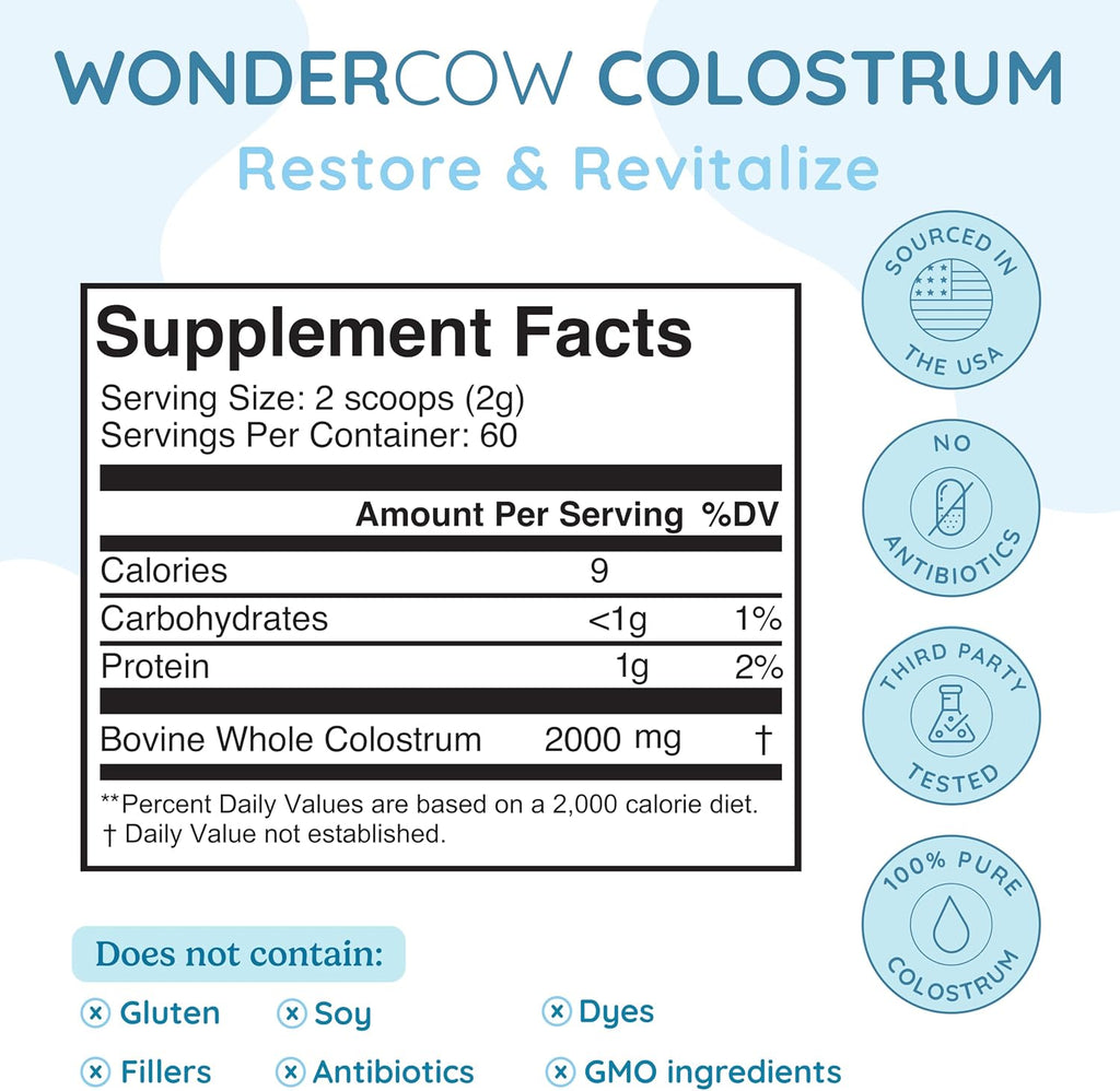 WONDERCOW Calostro Bovino en Polvo – Suplemento de Calostro Integral Puro, Sin Sabor, 60 Dosis