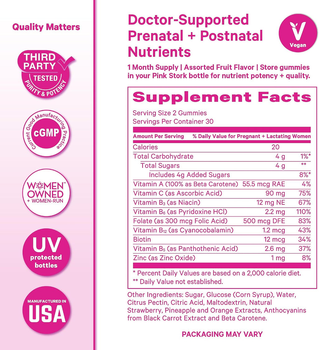 Pink Stork Gominolas de Fertilidad, Prenatales y Postnatales - 60 Gominolas