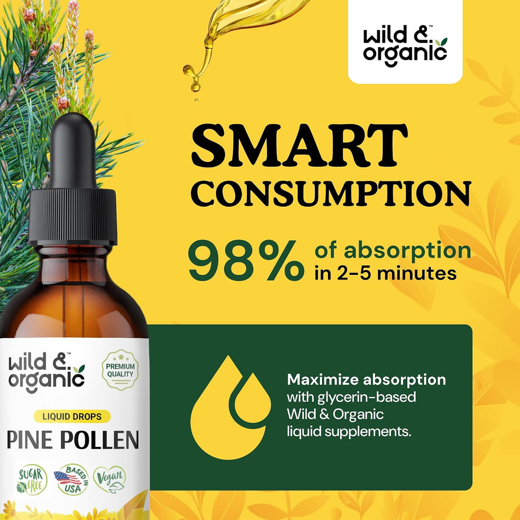 Wild & Organic Tintura de Polen de Pino - Extracto de Polen de Pino Silvestre - Suplemento Líquido Vegano, Sin Alcohol ni Azúcar - 2 fl oz (59 ml)