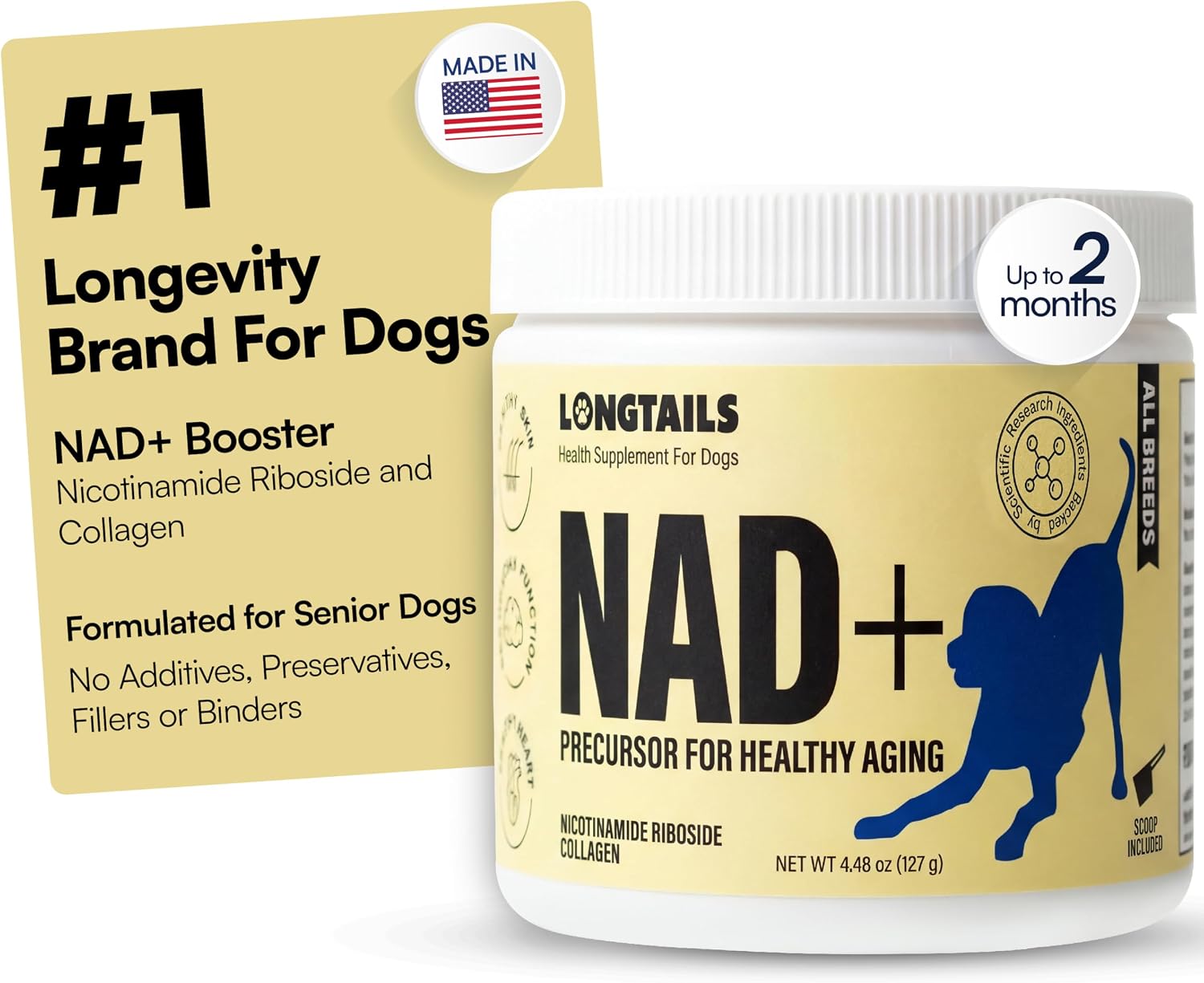 LongTails NAD+ para perros mayores - Alternativa NMN, 200mg NR en polvo