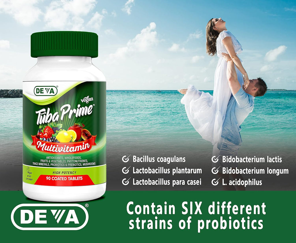 DEVA Tuba Prime Multivitamínico Vegano Sin Hierro - Alta Potencia con Superalimentos, Hongos y Probióticos - 90 Comprimidos