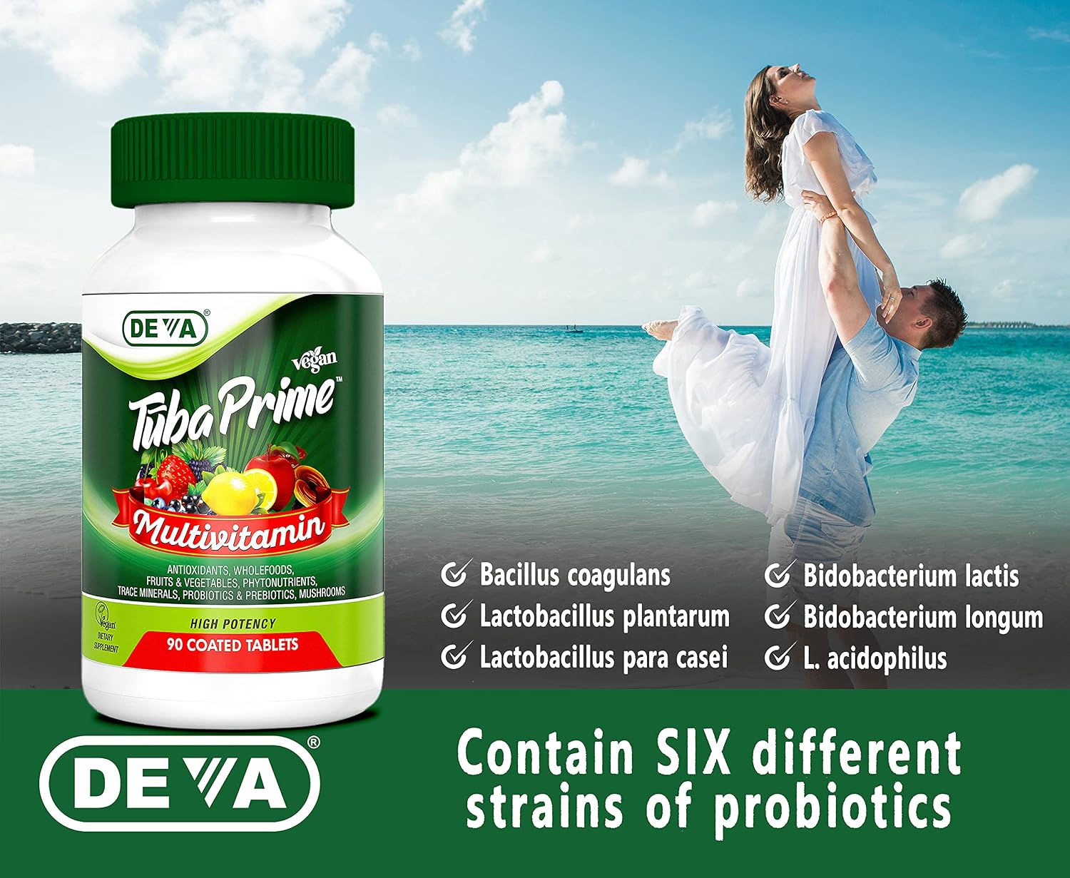DEVA Tuba Prime Multivitamínico Vegano Sin Hierro - Alta Potencia con Superalimentos, Hongos y Probióticos - 90 Comprimidos