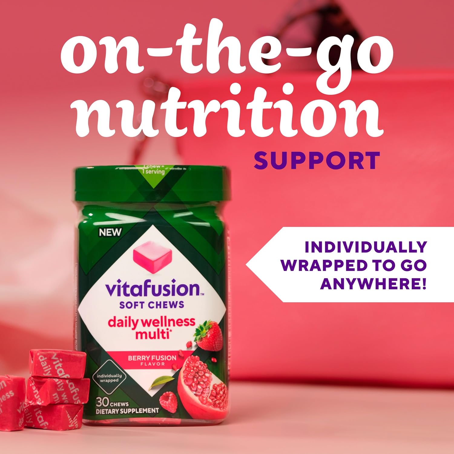 Vitafusion Soft Chews Daily Wellness Multi - Multivitamínico Masticable para Adultos, Envueltos Individualmente, Sabor Berry Fusion, 30 Chews (30 Días)