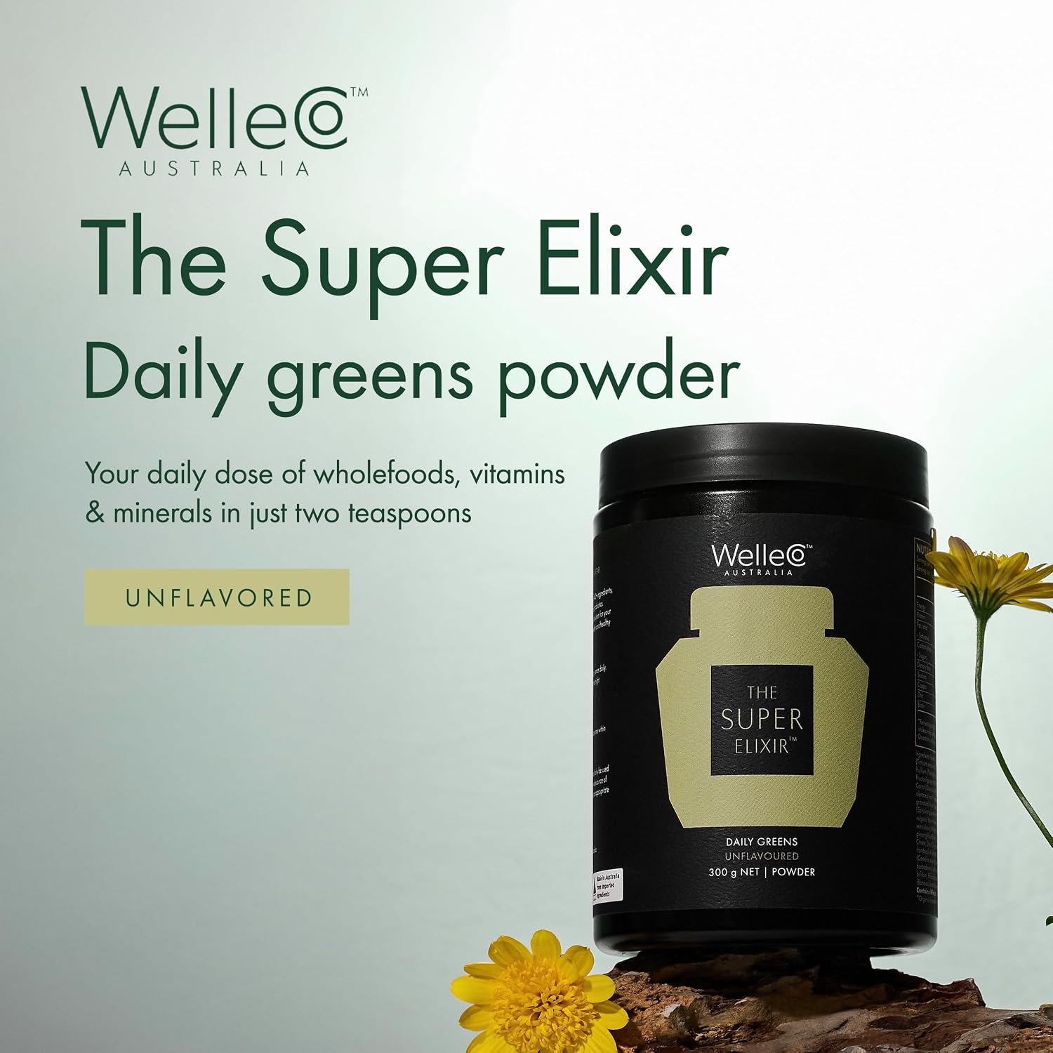 WelleCo The Super Elixir, Mezcla diaria de verduras en polvo con probióticos y superalimentos, sin sabor, 300g