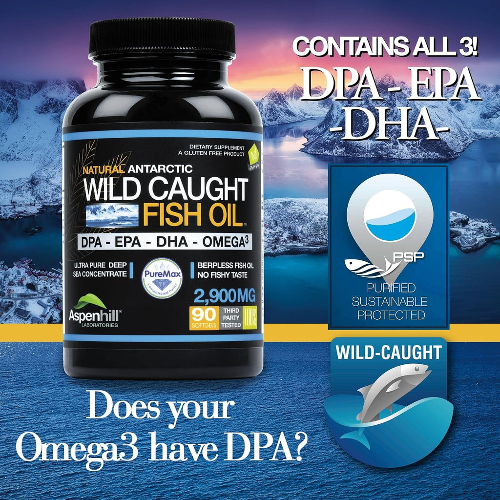 Triple Strength Fish Oil - Aceite de Pescado Omega 3 con DPA, EPA y DHA - 2900 mg - 90 Cápsulas Blandas - Sabor Vainilla