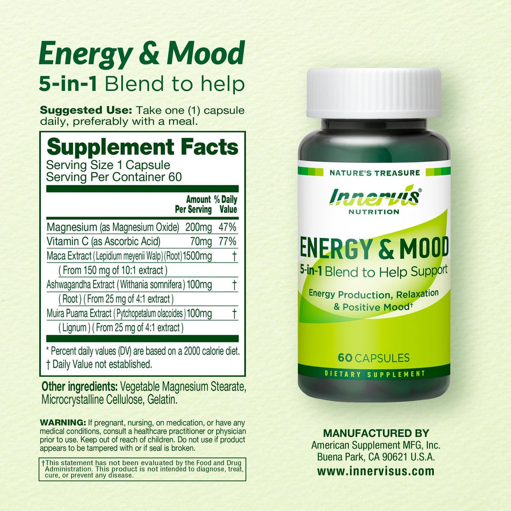 Energía Natural Sin Cafeína con Ashwagandha, Maca y Magnesio - 60 Cápsulas - Innervis Nutrition