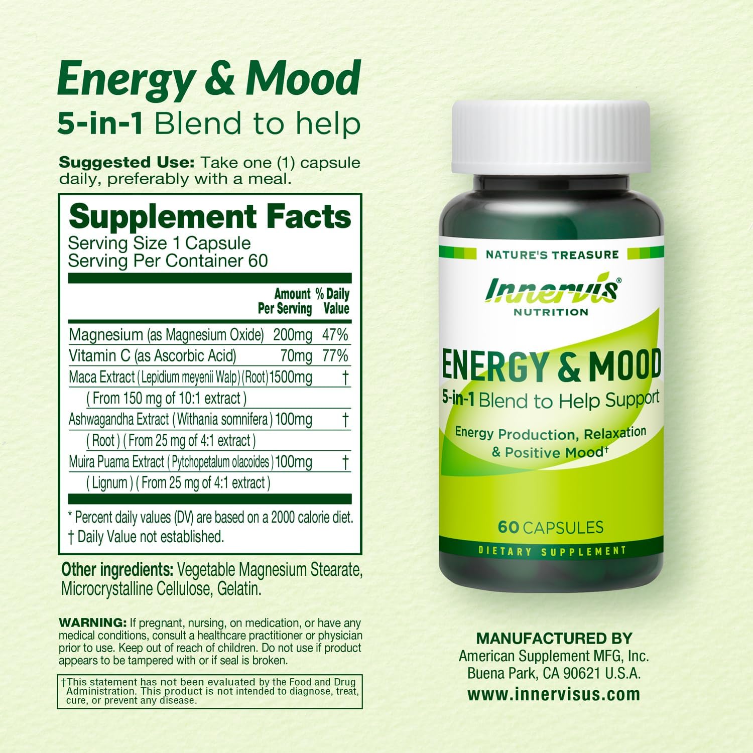 Energía Natural Sin Cafeína con Ashwagandha, Maca y Magnesio - 60 Cápsulas - Innervis Nutrition