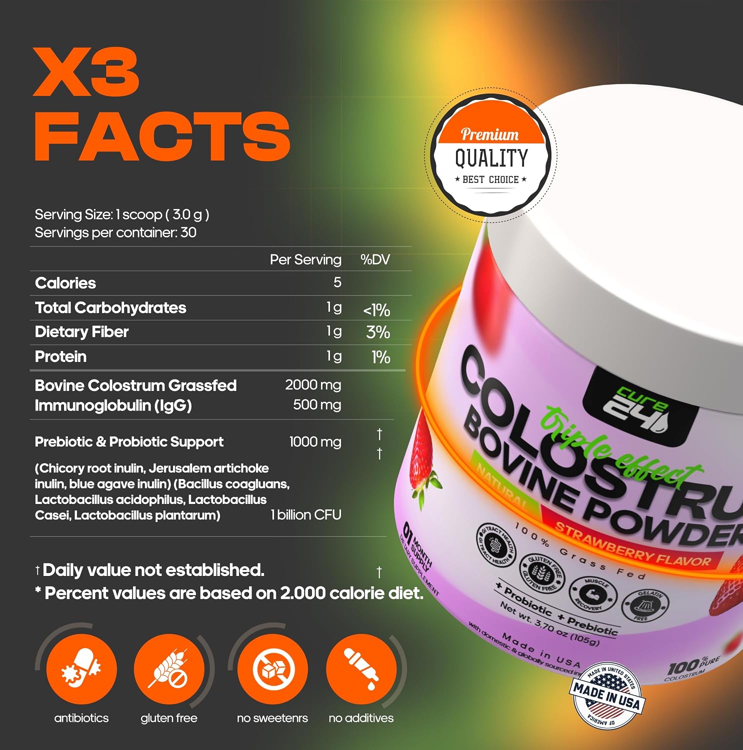 Cure24 Bovine Colostrum X3 Supplement Powder for Humans, 100% Pure Whole Natural Grass Fed Superfood, High IgG, Plus Probiotic & Prebiotic, Strawberry