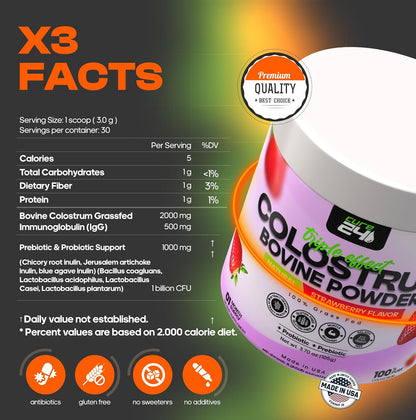 Cure24 Bovine Colostrum X3 Supplement Powder for Humans, 100% Pure Whole Natural Grass Fed Superfood, High IgG, Plus Probiotic & Prebiotic, Strawberry