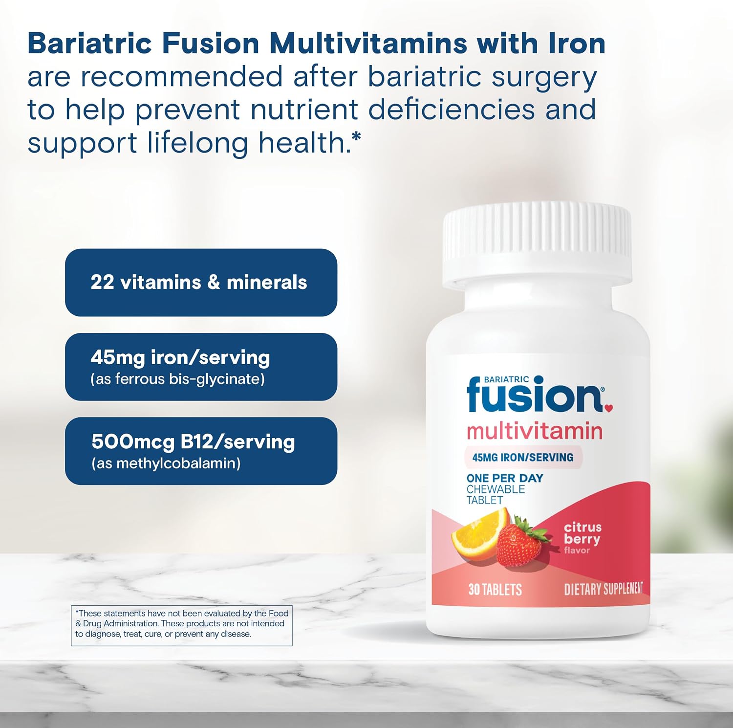 Bariatric Fusion One Per Day Multivitamínico Bariátrico con Hierro Masticable - Sabor Cítricos Bayas - 30 Comprimidos