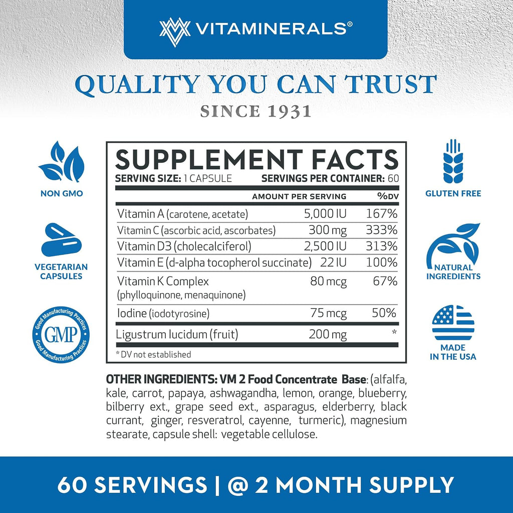 Vitaminerals Vitamina D3 + K Complex | 2500 IU D3, 80 mcg K, Mezcla de Verduras y Frutas | 60 Cápsulas Veganas