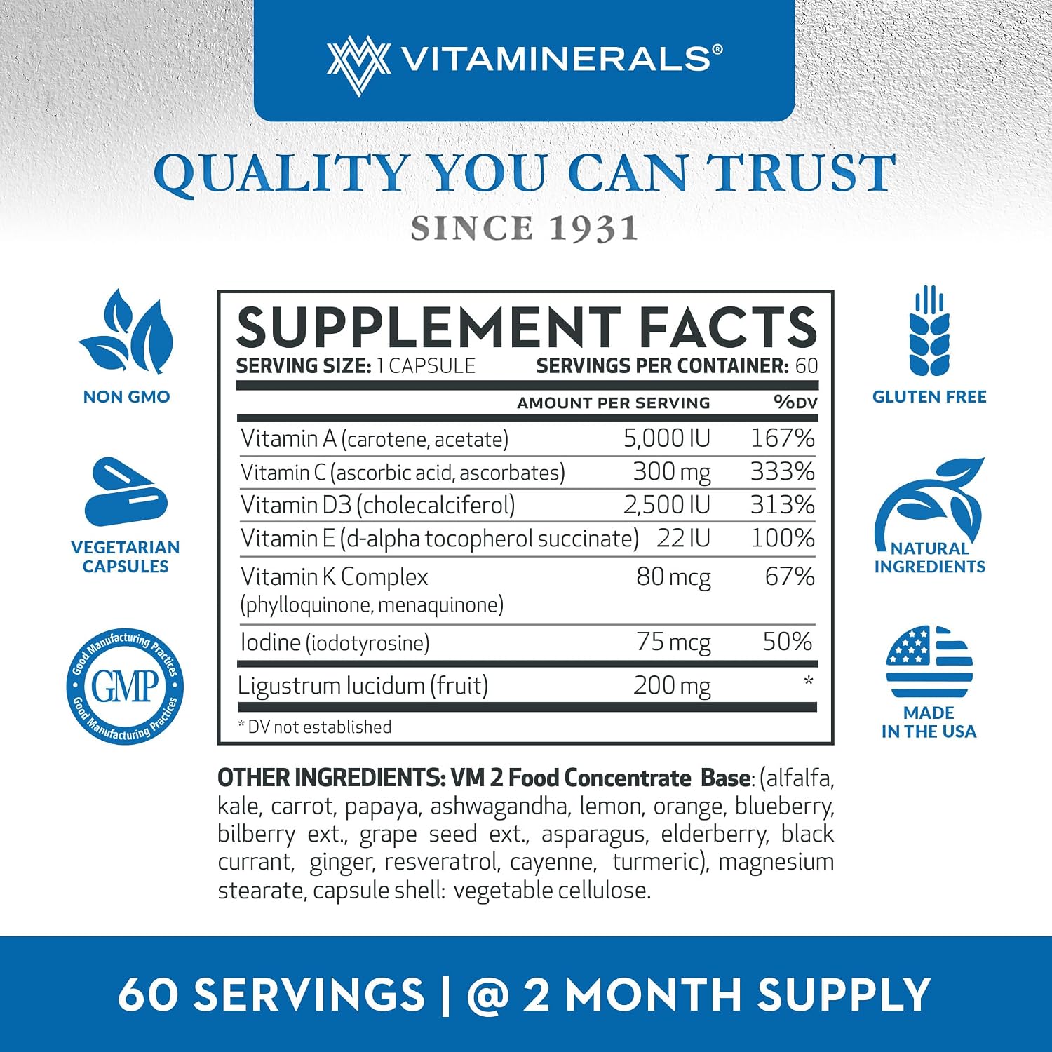 Vitaminerals Vitamina D3 + K Complex | 2500 IU D3, 80 mcg K, Mezcla de Verduras y Frutas | 60 Cápsulas Veganas