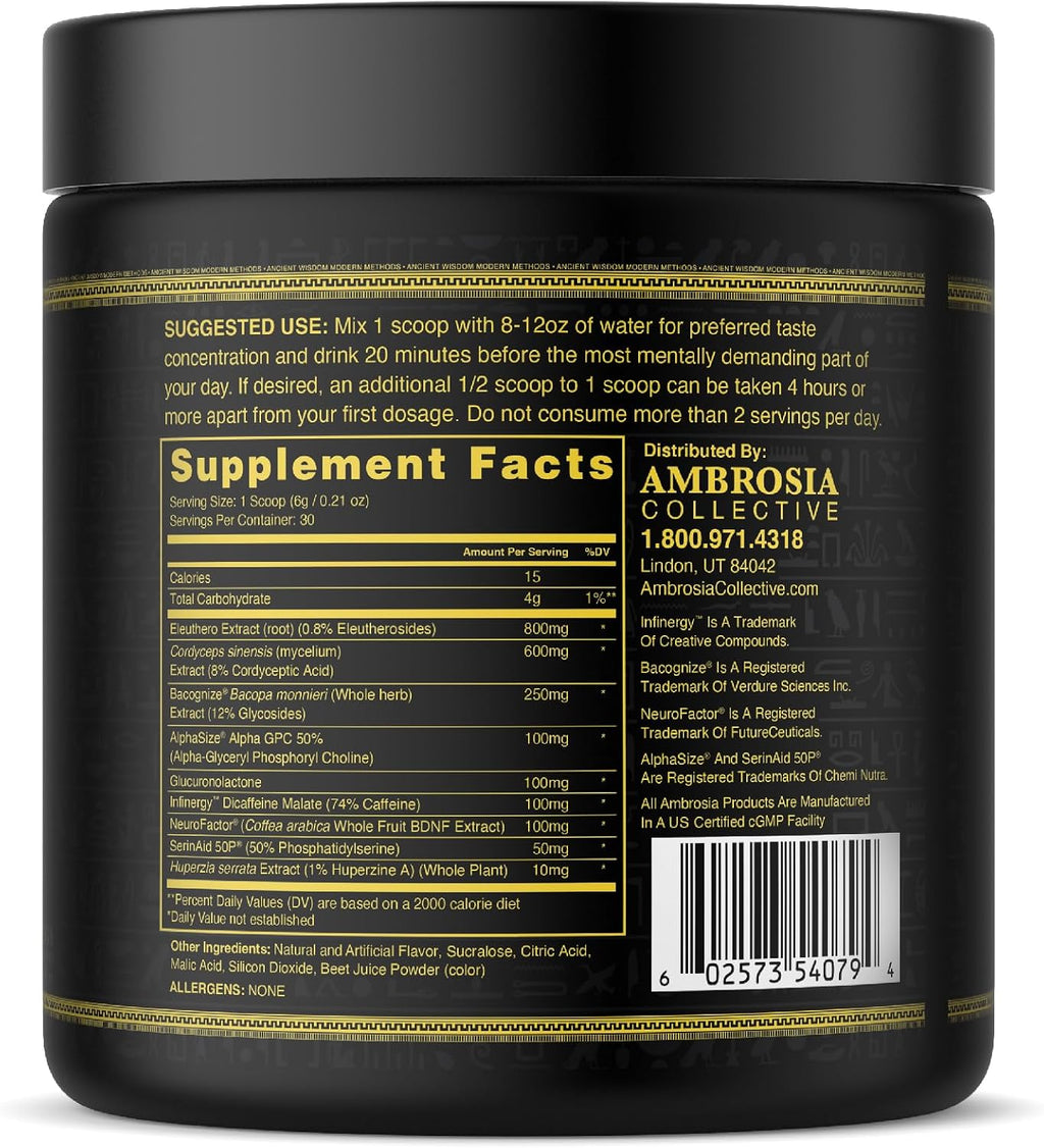 Ambrosia Mental Jewels – Nootrópico en Polvo con Alpha GPC, Bacopa y Fosfatidilserina | Memoria, Enfoque y Concentración | 30 Dosis | Sabor Cherry Limeade