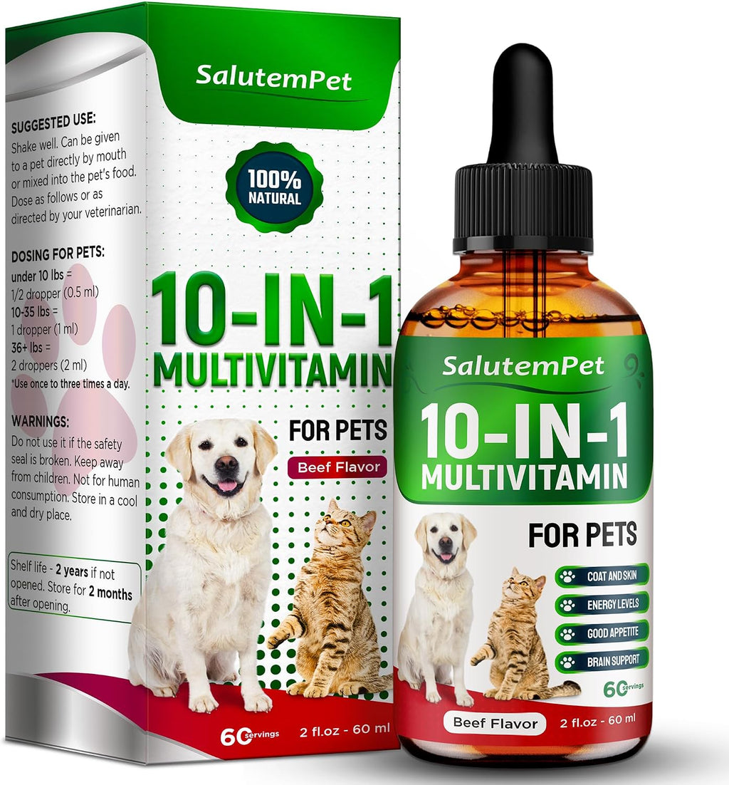 Multivitamínico Líquido para Perros y Gatos 10 en 1 - Vitaminas C, D3, Grupo B, Glucosamina, Arándano - Sabor a Carne - 60 ml