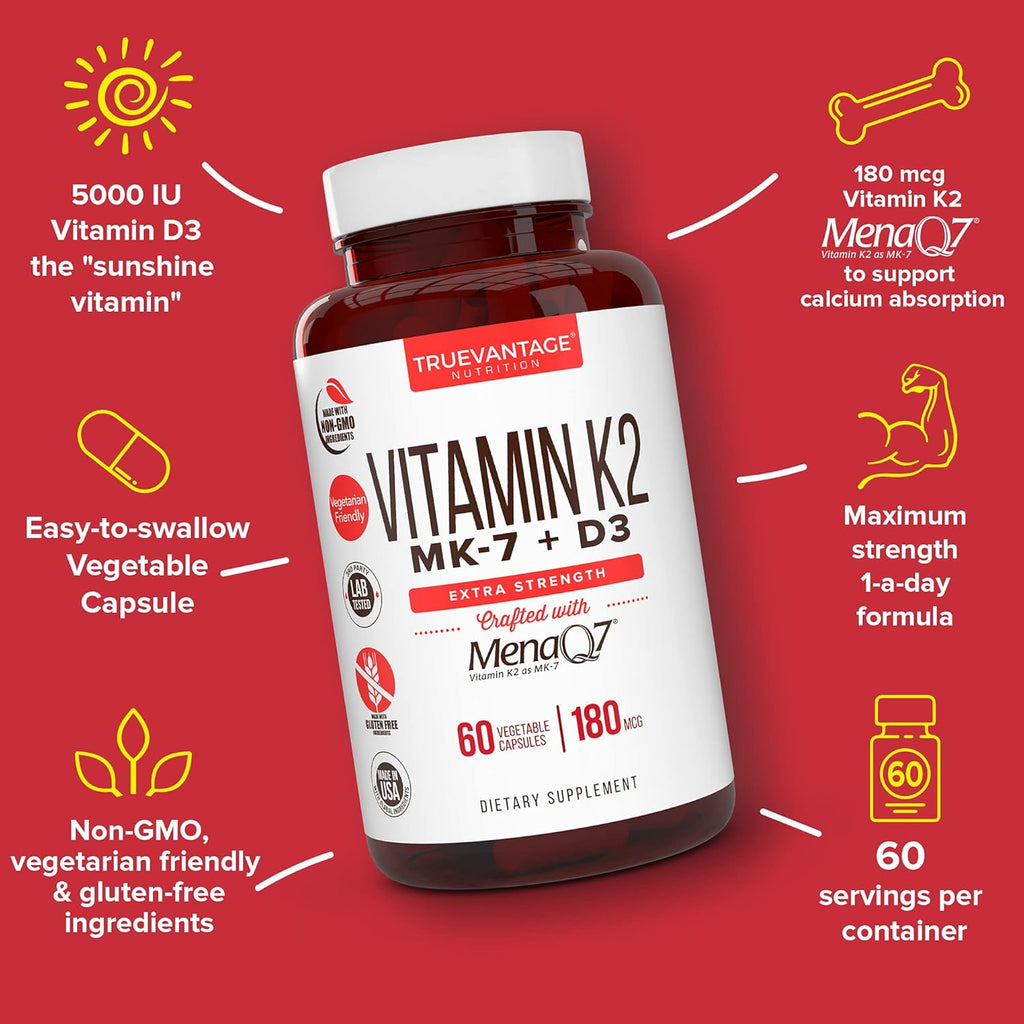Suplemento Vitamina D3 y K2 5000 UI + 180 mcg K2 MK-7 (MenaQ7) - 60 Cápsulas Vegetales