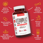 Suplemento Vitamina D3 y K2 5000 UI + 180 mcg K2 MK-7 (MenaQ7) - 60 Cápsulas Vegetales