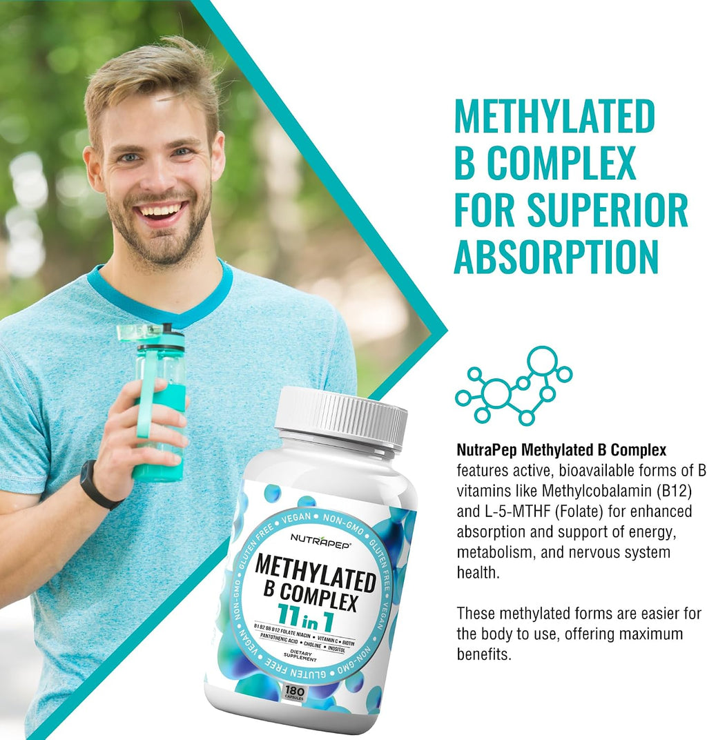 NutraPep Complejo B Metilado - Vitaminas B Completo con B9 5-MTHF B6 B12 - Apoyo Energía, Cerebro y Corazón - Vegano Sin Gluten Sin Azúcar - 180 Cápsulas