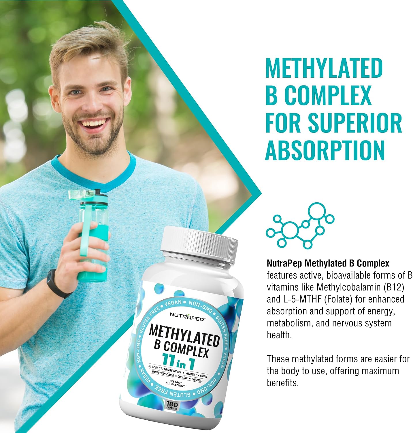 NutraPep Complejo B Metilado - Vitaminas B Completo con B9 5-MTHF B6 B12 - Apoyo Energía, Cerebro y Corazón - Vegano Sin Gluten Sin Azúcar - 180 Cápsulas