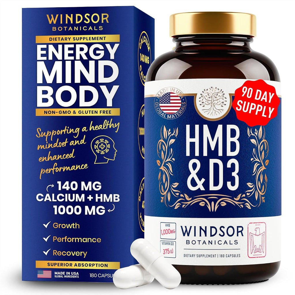 HMB y Vitamina D3 - Suplemento de HMB 1000 mg con Calcio y Vitamina D3 - 180 Cápsulas (90 Días)