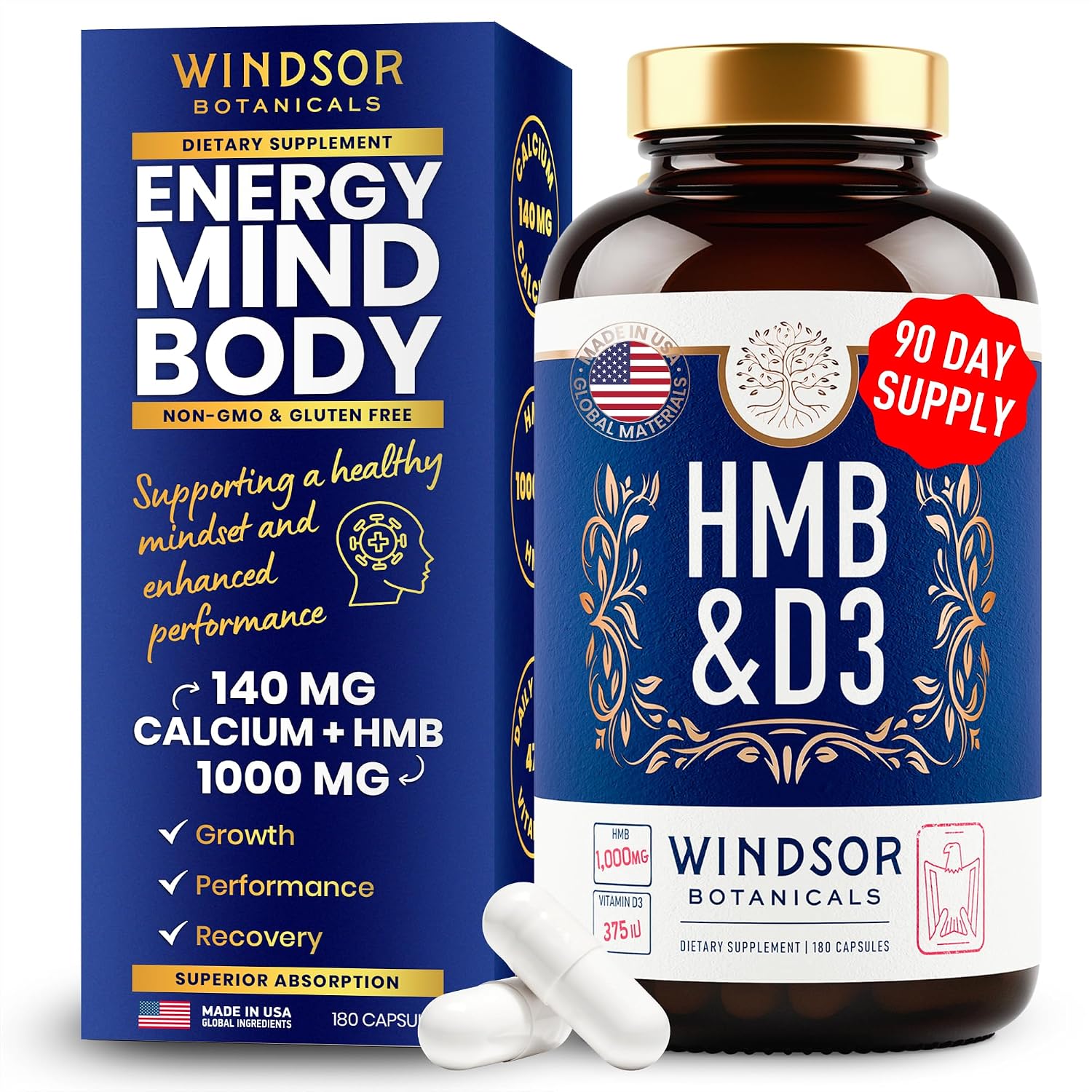 HMB y Vitamina D3 - Suplemento de HMB 1000 mg con Calcio y Vitamina D3 - 180 Cápsulas (90 Días)