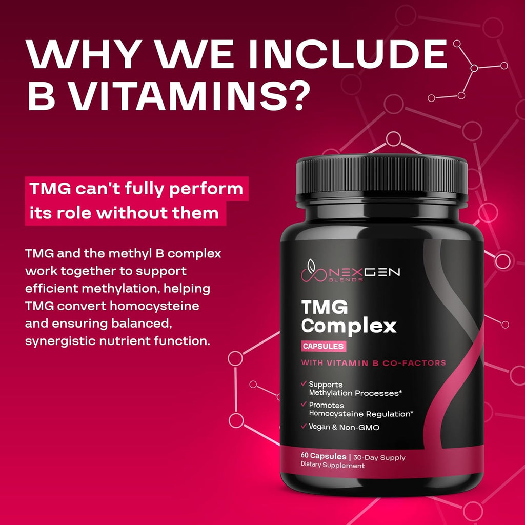 TMG Trimethylglycine con Complejo B Metilado - Suplemento de Betaina 500mg con Vitaminas B Metiladas para Apoyo a la Metilación - Vegano y No-GMO (1 Mes)
