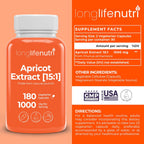 LongLifeNutri Extracto de Albaricoque - Fórmula Avanzada, 1000mg por dosis, 180 Cápsulas Vegetales, 3 Meses de Suministro, No-GMO