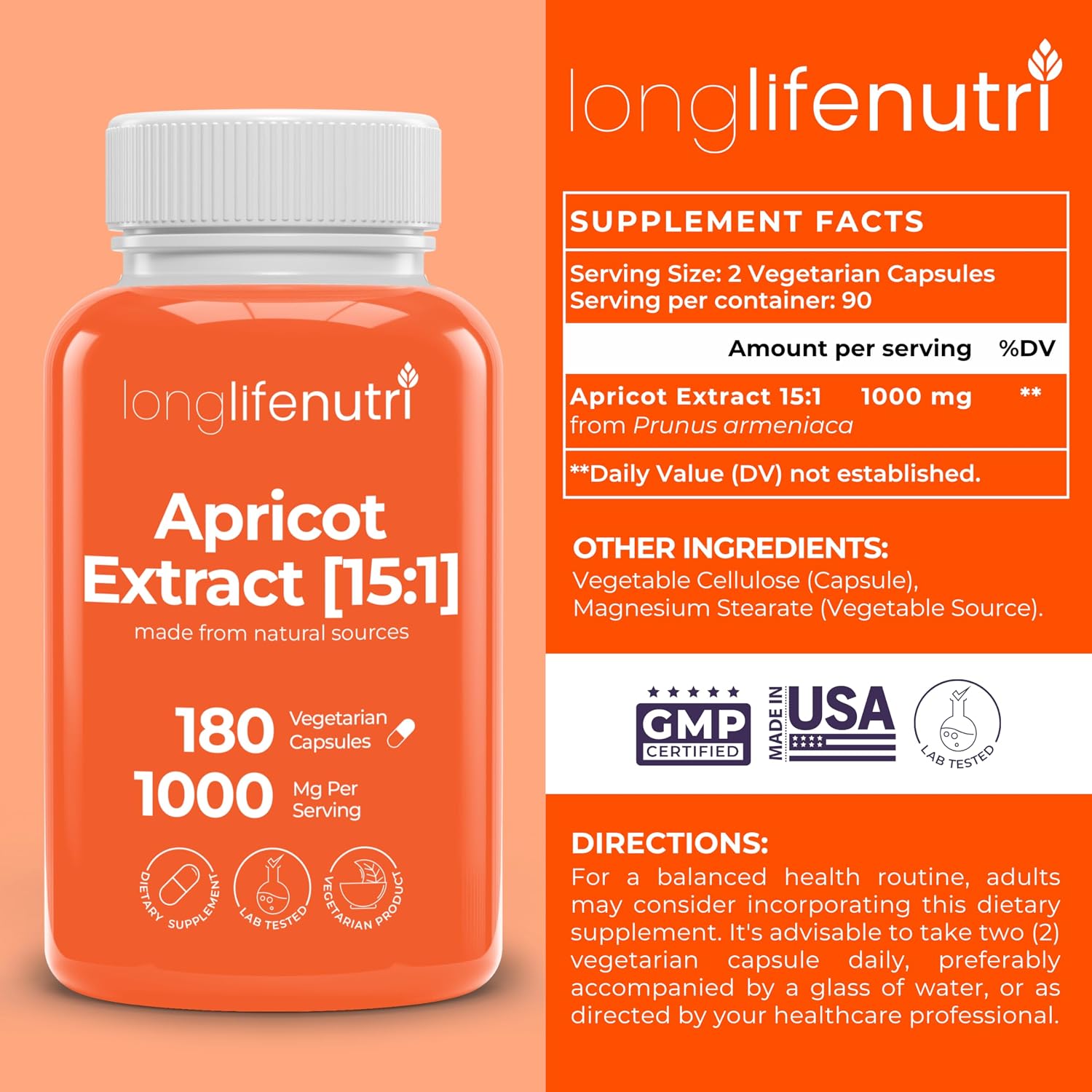LongLifeNutri Extracto de Albaricoque - Fórmula Avanzada, 1000mg por dosis, 180 Cápsulas Vegetales, 3 Meses de Suministro, No-GMO