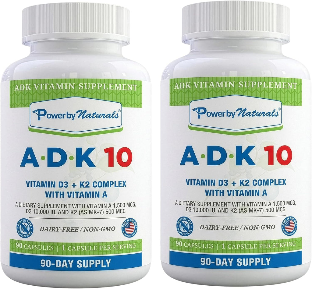 Power By Naturals ADK Vitamin Supplement – Vitaminas A, D3 (250 mcg) y K2 MK-7 – 180 Cápsulas (2 Paquetes, 6 Meses)