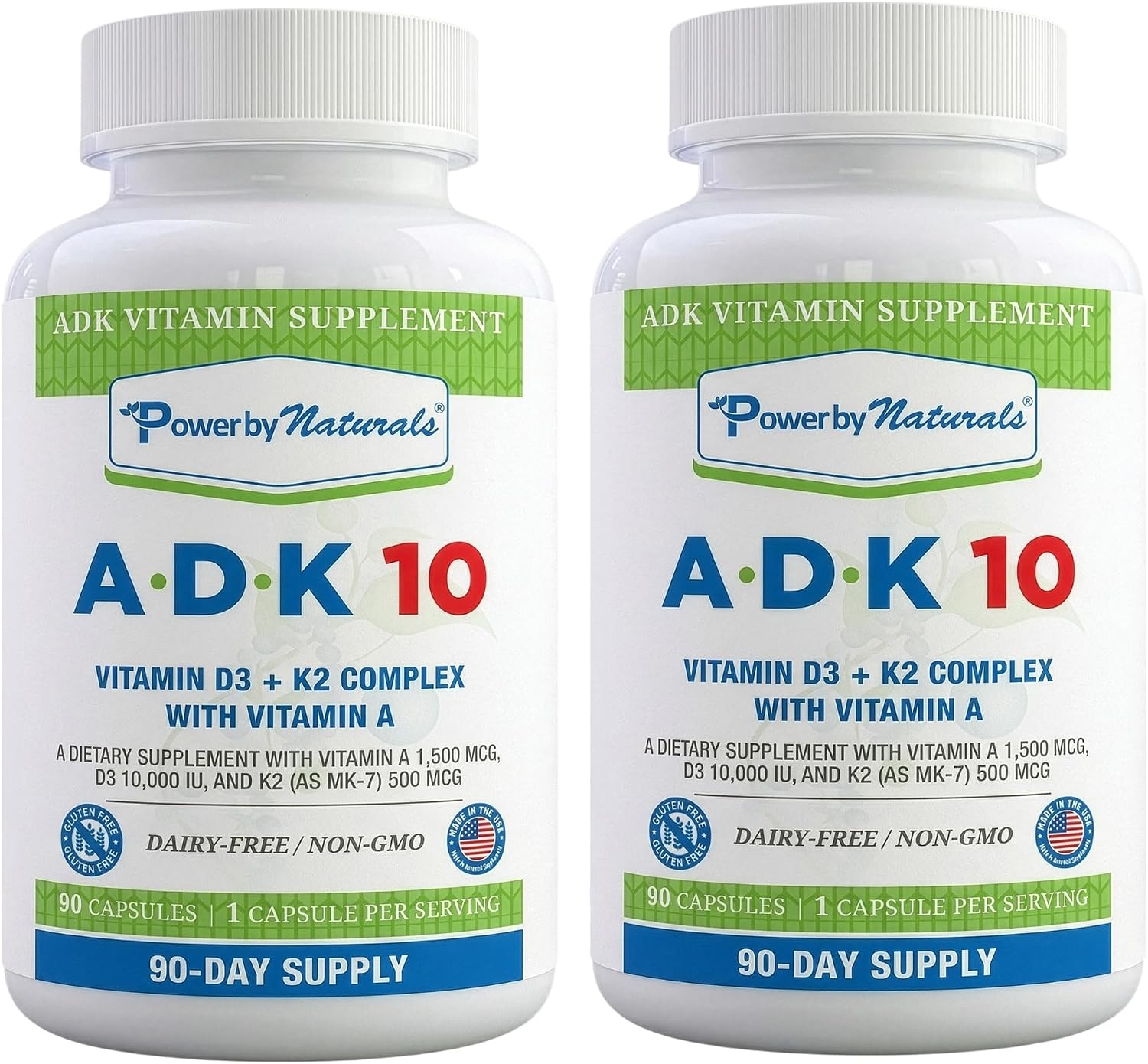 Power By Naturals ADK Vitamin Supplement – Vitaminas A, D3 (250 mcg) y K2 MK-7 – 180 Cápsulas (2 Paquetes, 6 Meses)