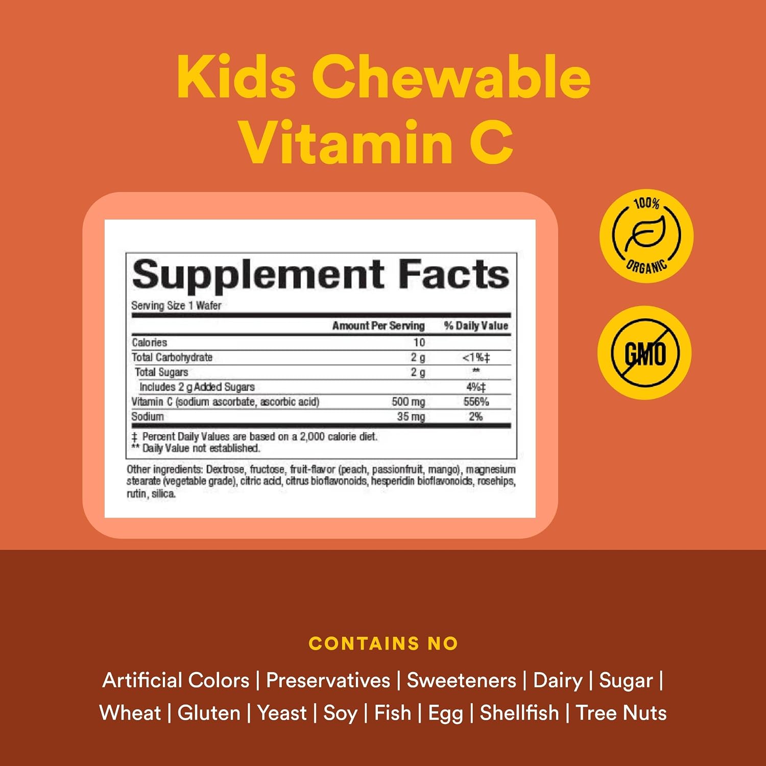 Natural Factors, Vitamina C Masticable para Niños 500 mg, con Bioflavonoides, Sabor Melocotón, Maracuyá y Mango, 90 Comprimidos