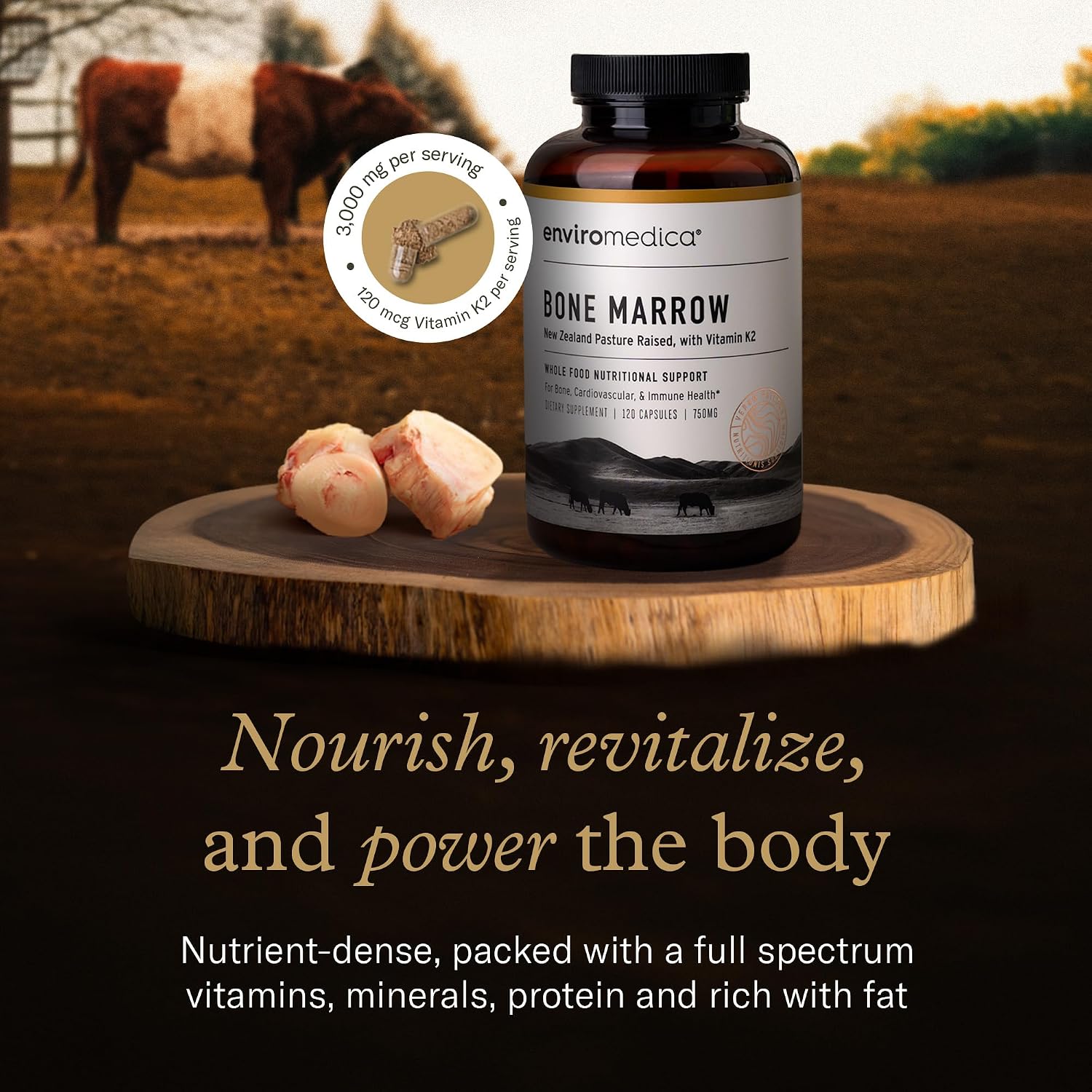 Enviromedica Suplemento de Médula Ósea – Grass-Fed Nueva Zelanda, MCHA, Cartílago Bovino, Colágeno, Vitamina K2 MK7, 120 Cápsulas