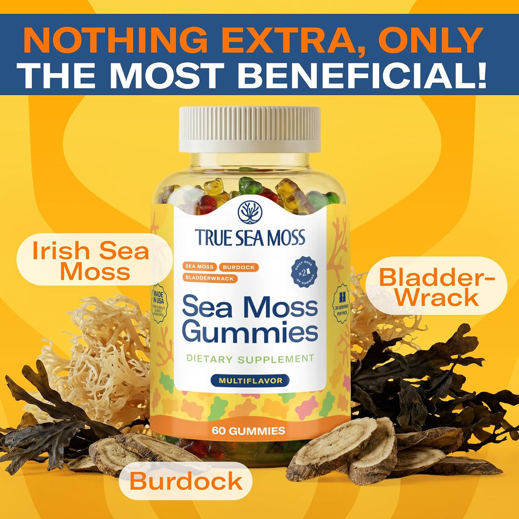 TrueSeaMoss Irish Sea Moss Gummies con Bardana y Fucus – Fórmula para Adultos y Niños – 60 Gominolas