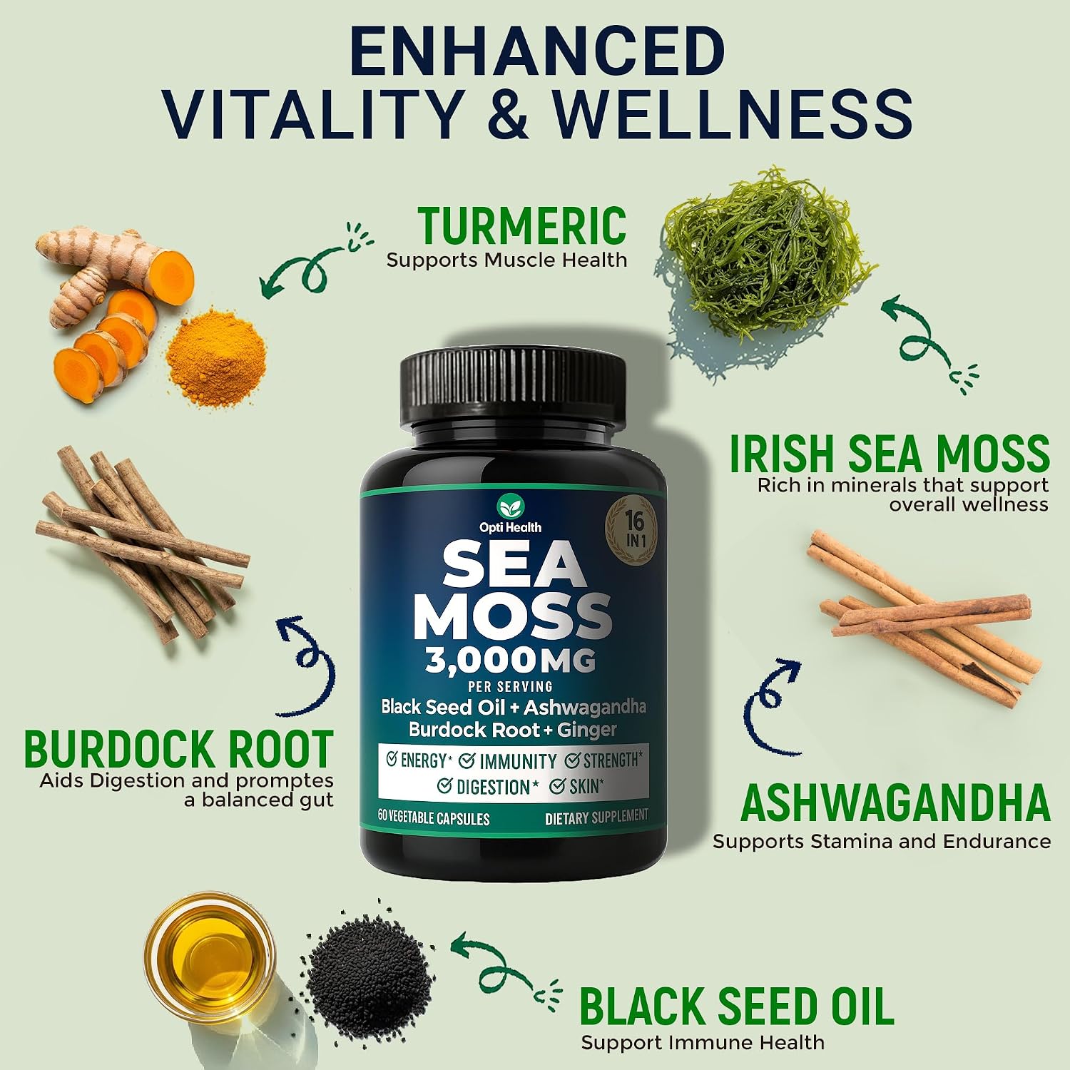Sea Moss Black Seed Oil Ashwagandha Ginger - Cápsulas Avanzadas de Irish Sea Moss, Suplemento Todo en Uno con Seamoss, Black Seed Oil, Ashwagandha, Burdock Root, Bladderwrack